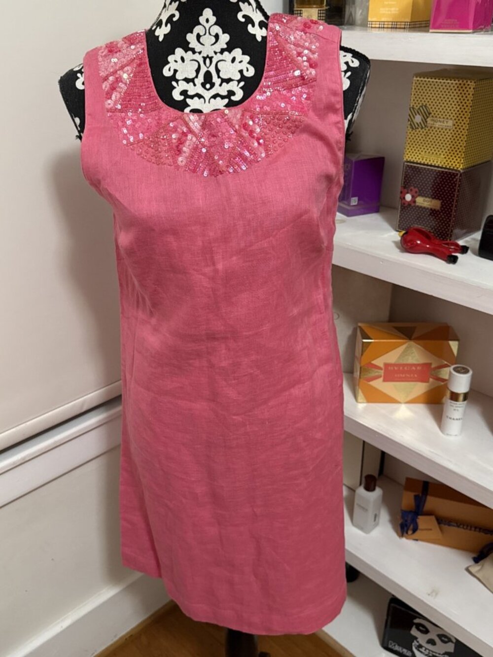 100% Linen Bella Tu Pink Beads Embellished Full Lining Shift Dress Sz M New $259